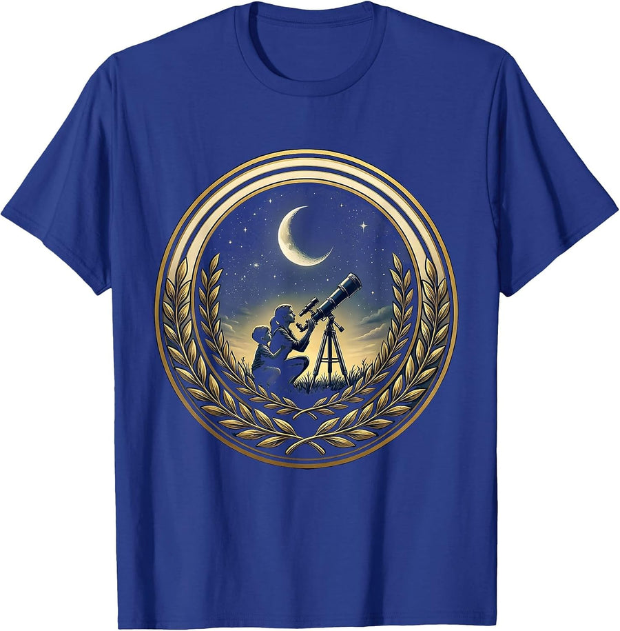 Auntie and Child Stargazing Telescope Design T-Shirt - Royal Blue