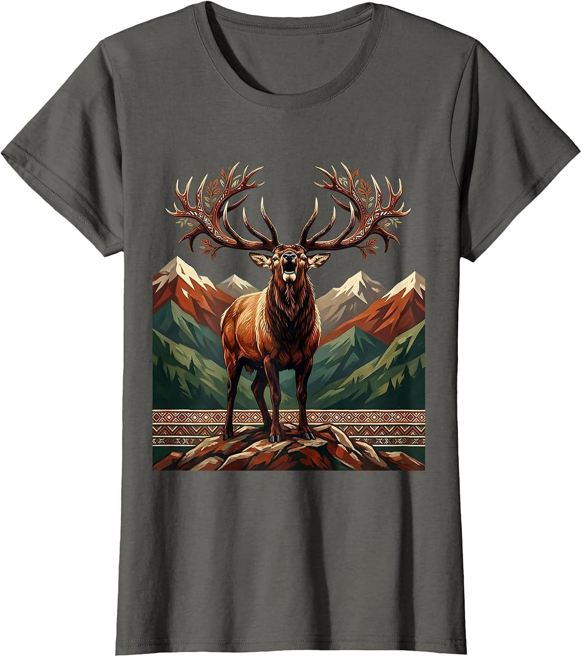 Women's Elk Bugling on Rocky Mountain Ridge T-Shirt - Asphalt Grey