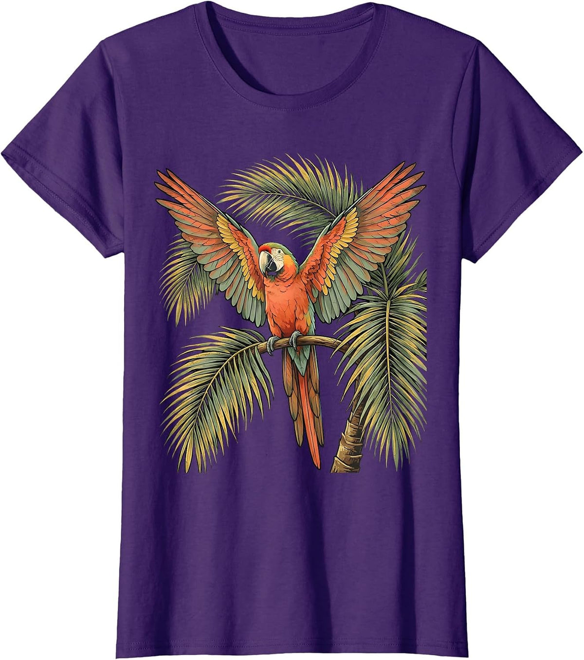 Women's Tropical Parrot Rainbow Feathers Palm Branch T-Shirt - Purple