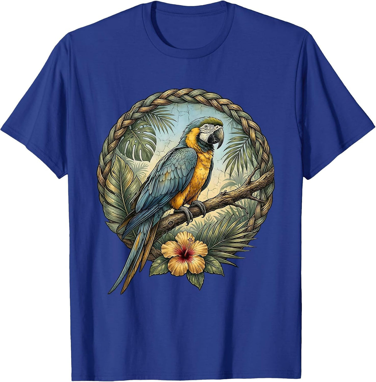 Men's Dominican Republic Blue-Winged Parrot Jungle Art T-Shirt - Royal Blue