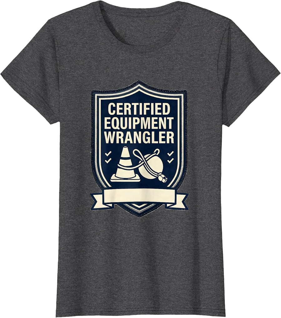 Women's Certified Equipment Wrangler Funny PE Teacher Back To School T-Shirt - Dark Heather Grey