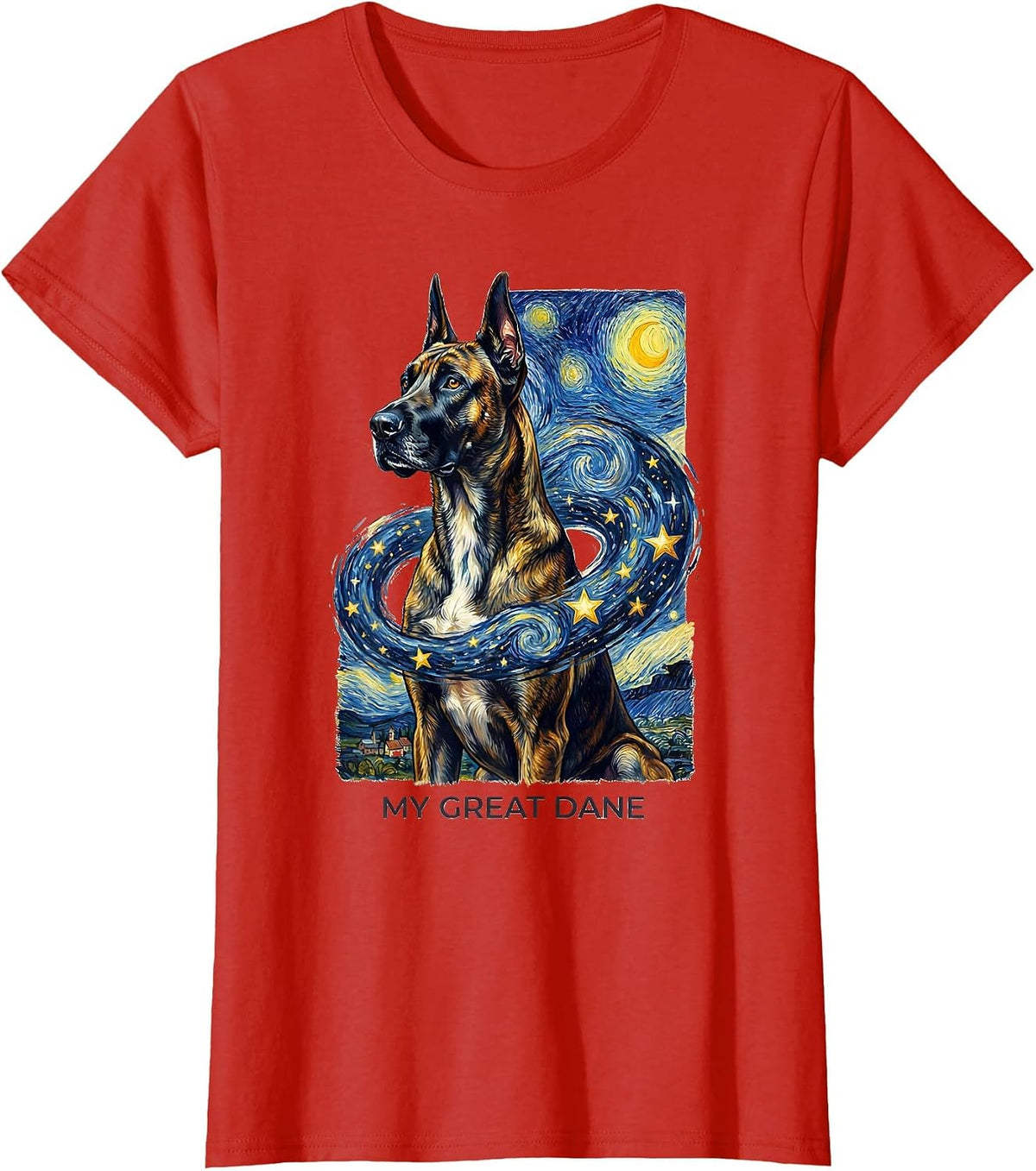 Women's My Great Dane Van Gogh Style Starry Night Dog Breed Portrait T-Shirt - Red