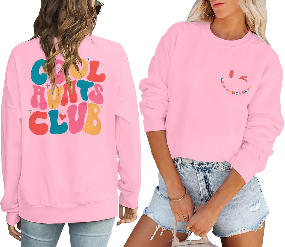 Women Aunt Sweatshirt Cool Aunts Club Crewneck Sweatshirt Auntie Long Sleeve Lightweight Shirt for Aunt Gift - Pink