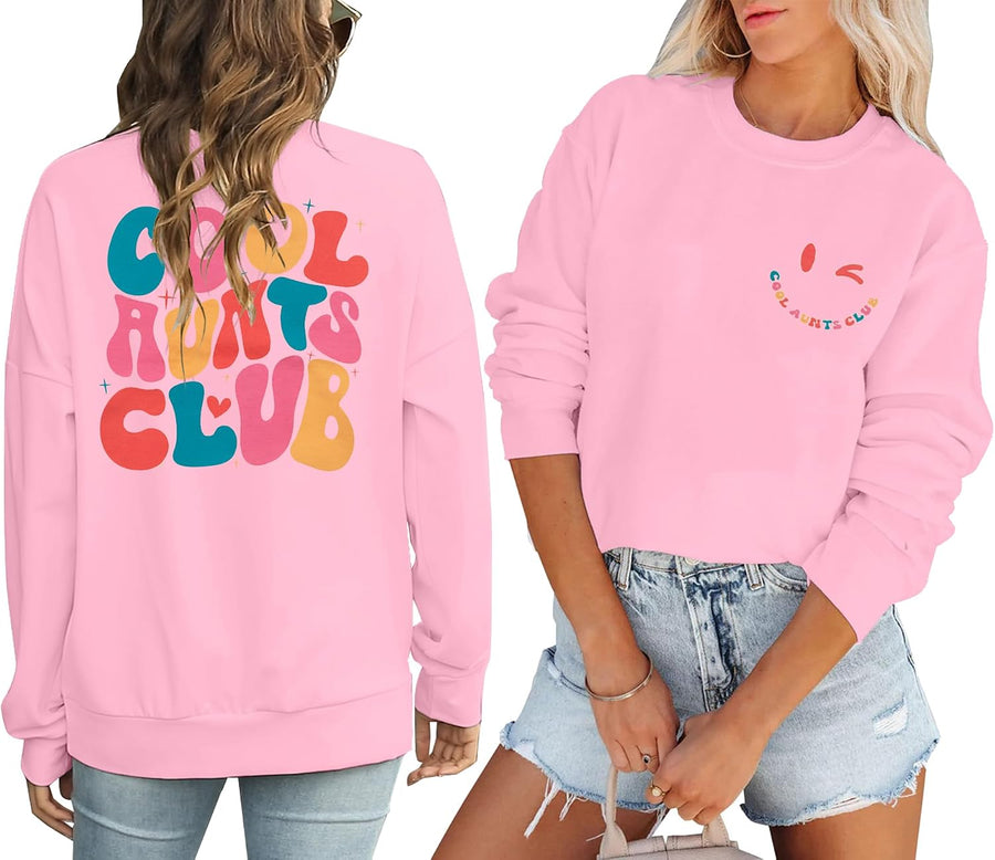 Women Aunt Sweatshirt Cool Aunts Club Crewneck Sweatshirt Auntie Long Sleeve Lightweight Shirt for Aunt Gift - Pink