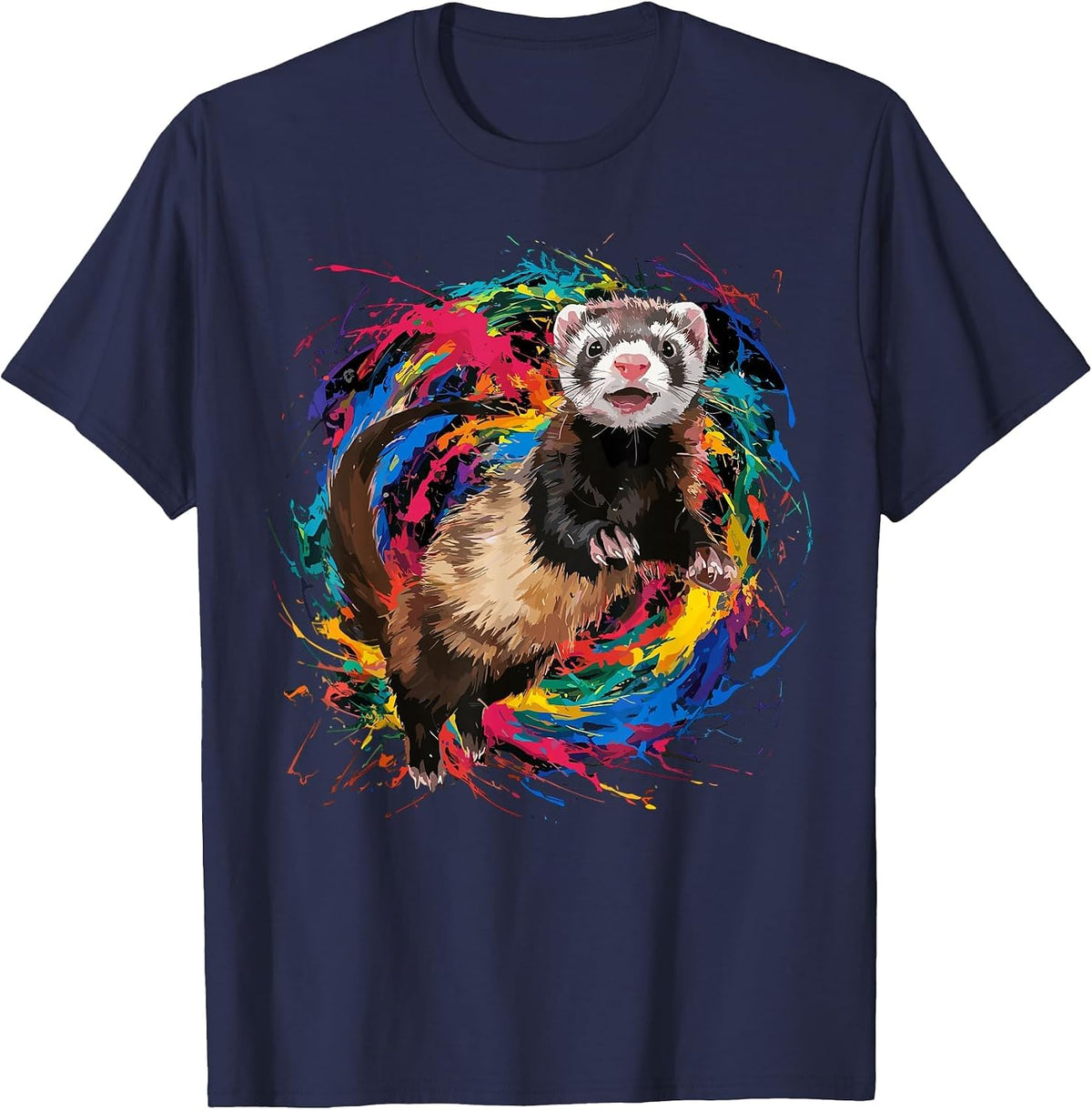 Colorful Paint Splash Ferret Art Graphic T-Shirt - Navy Blue