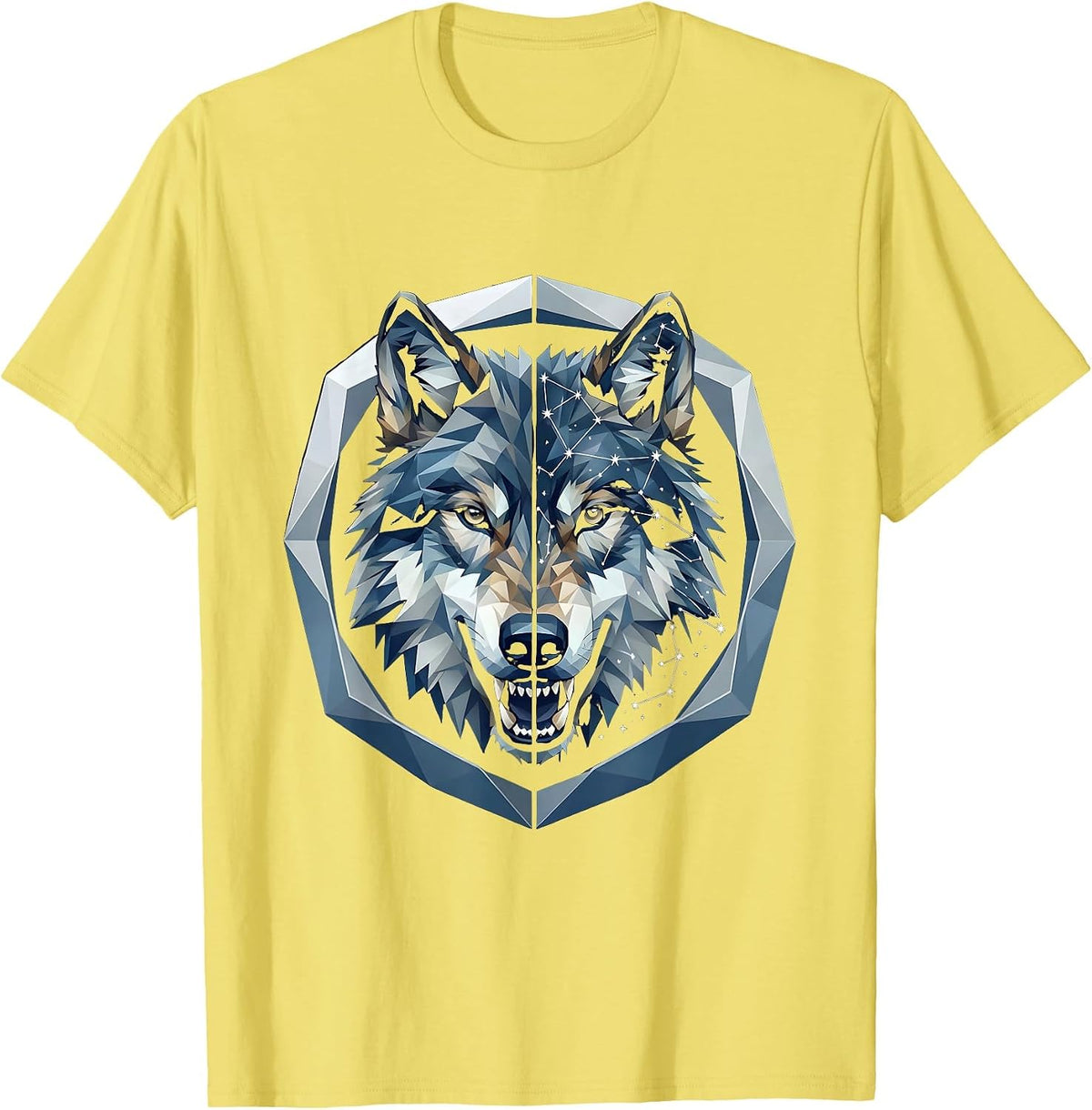 Men's Alpha Wolf Constellation Star Map Split Face Design T-Shirt - Lemon Yellow