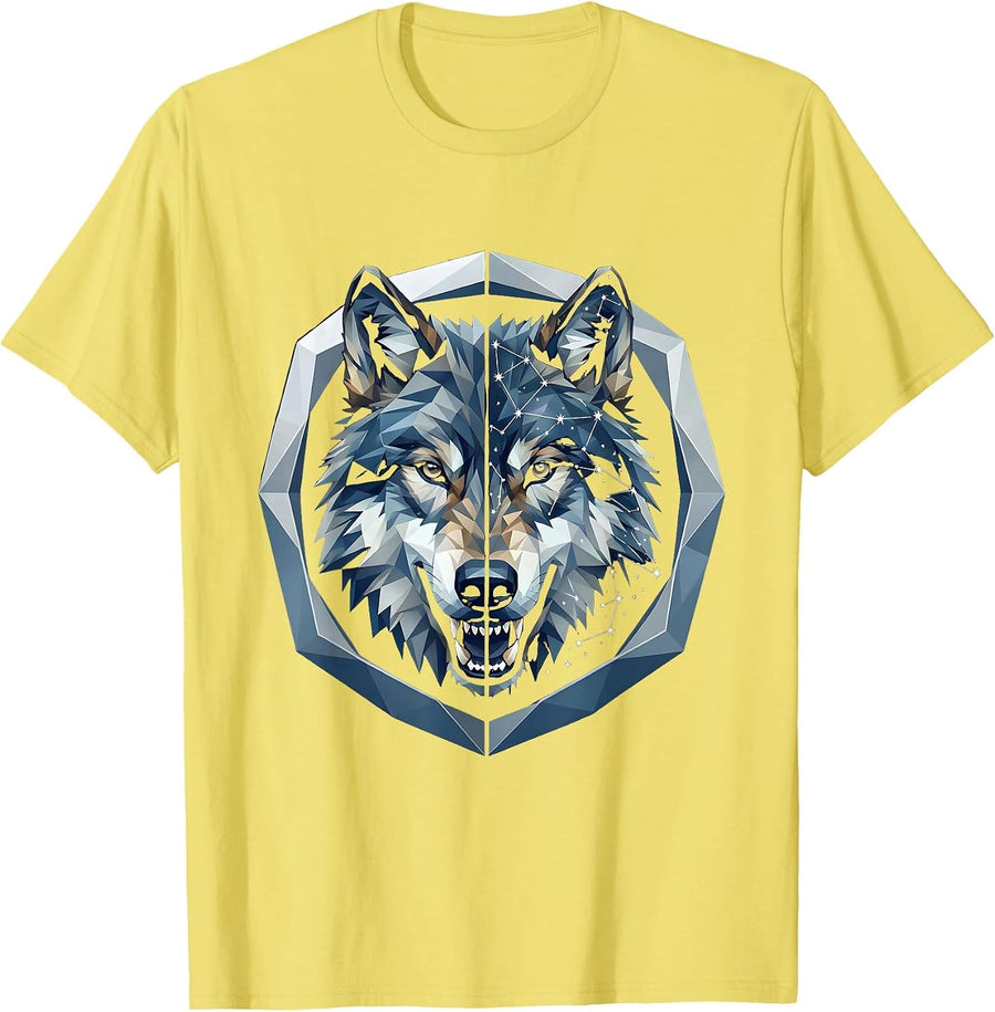 Men's Alpha Wolf Constellation Star Map Split Face Design T-Shirt - Lemon Yellow