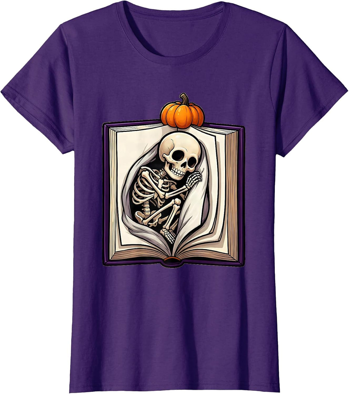 Women's Cheerful Skeleton Bookworm Cartoon Reader Halloween T-Shirt - Purple