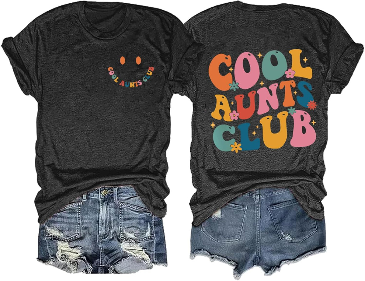 Aunt Shirts for Women Cool Aunts Club T-Shirt Auntie Letter Print Tee Casual Short Sleeves Tops - Dark Grey