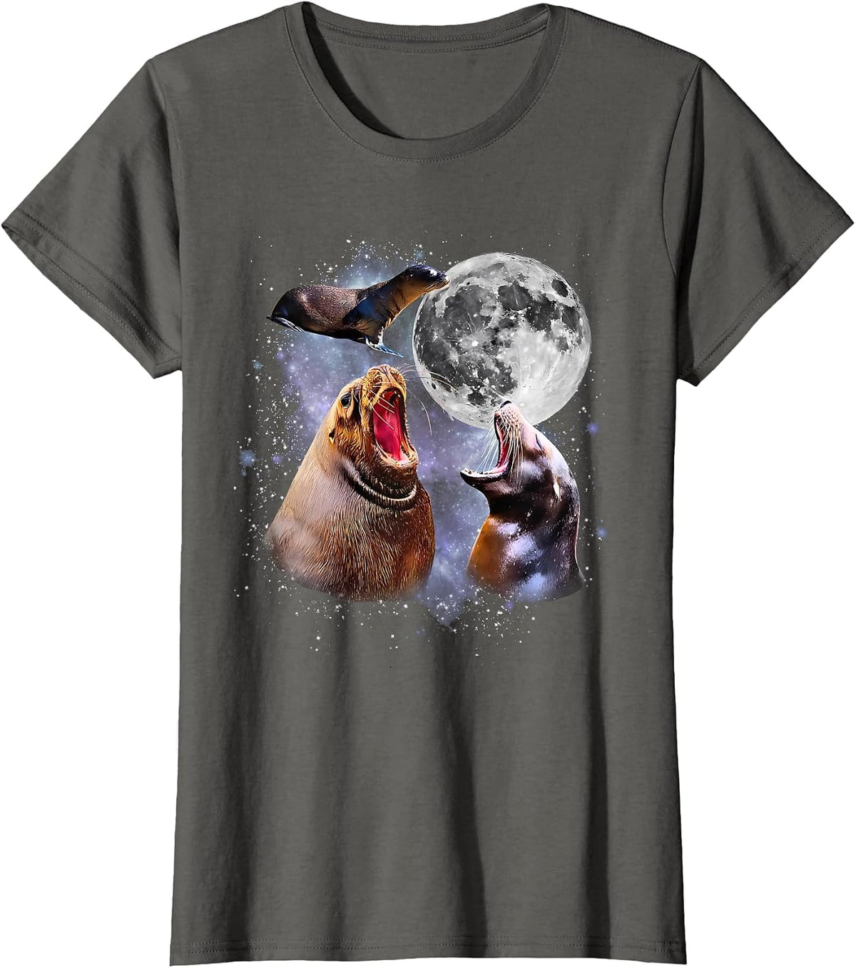 Retro Three California Sea Lion Moon Ocean Marine Animal T-Shirt - Asphalt Grey