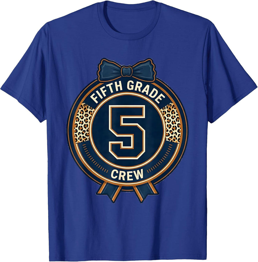 Fifth Grade Crew Leopard Teacher Back To School Girls T-Shirt - Royal Blue