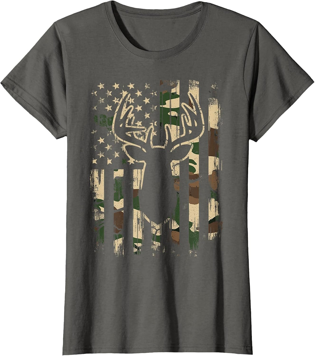 Deer Hunting Camo American Flag Outdoor T-Shirt - Asphalt Grey