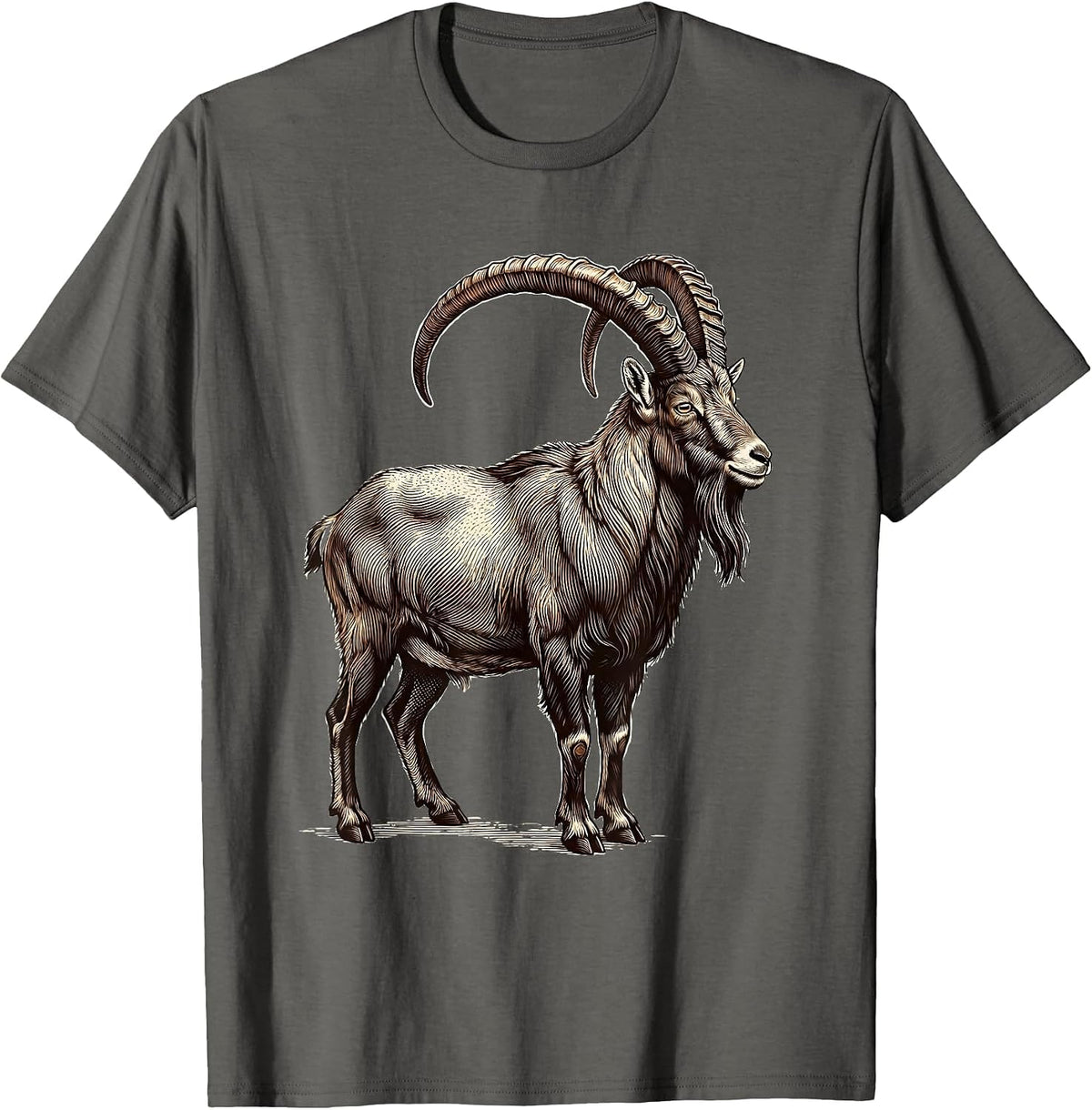 Men's Mountain Goat Crosshatch Etching Minimalist Line Art T-Shirt - Asphalt Grey