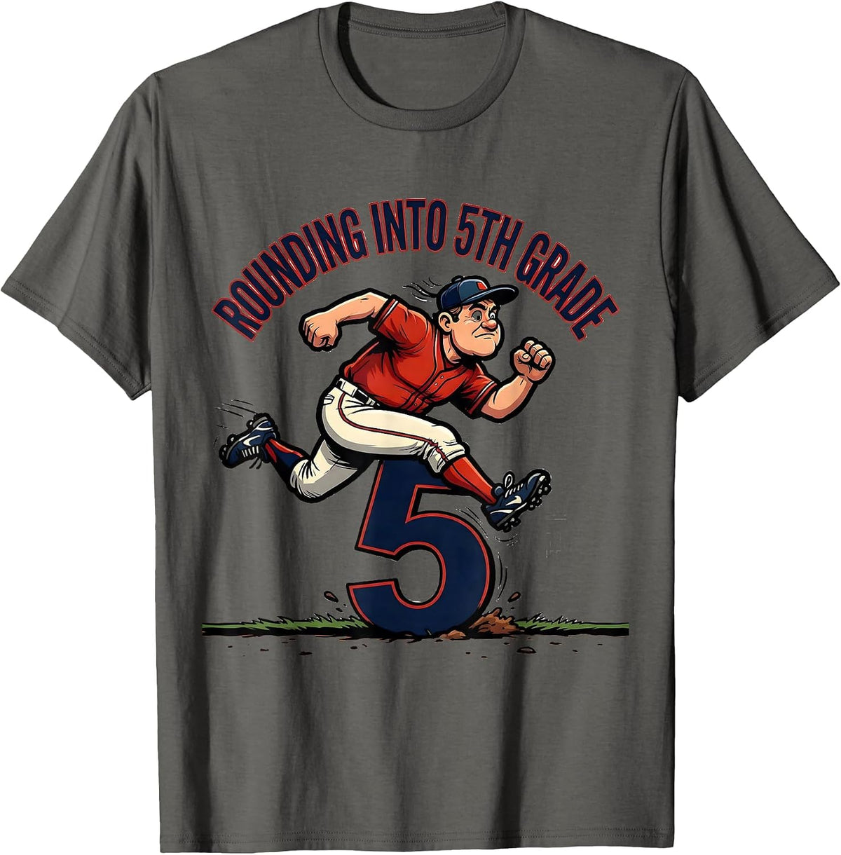 Rounding Into 5th Grade Cartoon Baseball Back to School T-Shirt - Asphalt Grey
