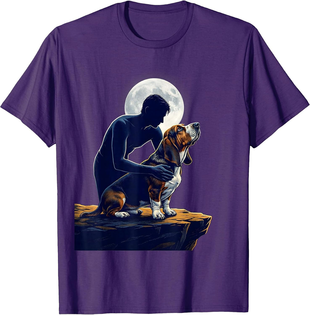 Basset Hound Howling at the Moon Vintage Mystical Dog Art T-Shirt - Purple