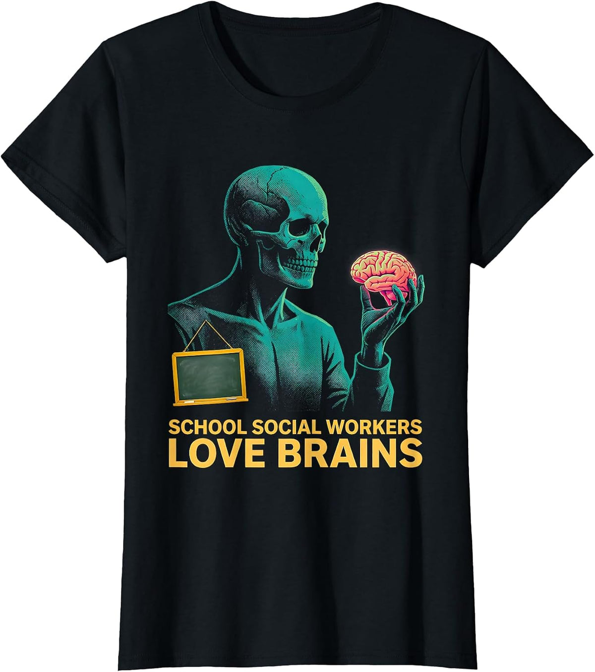 School Social Workers Love Brains Risograph Halloween Humor T-Shirt - Black