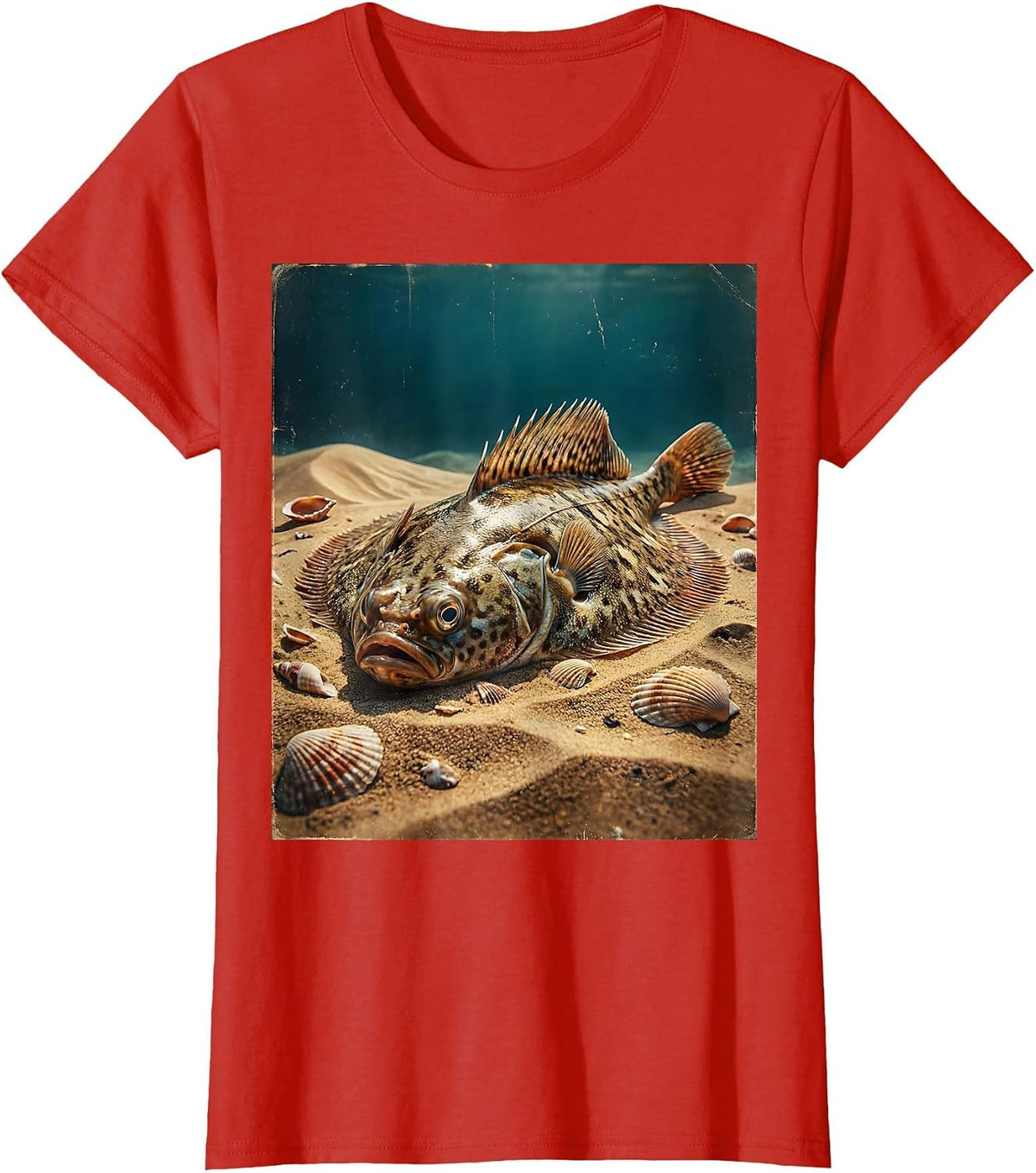 Gulf of Mexico Flounder Sandy Ocean Floor Design T-Shirt - Red