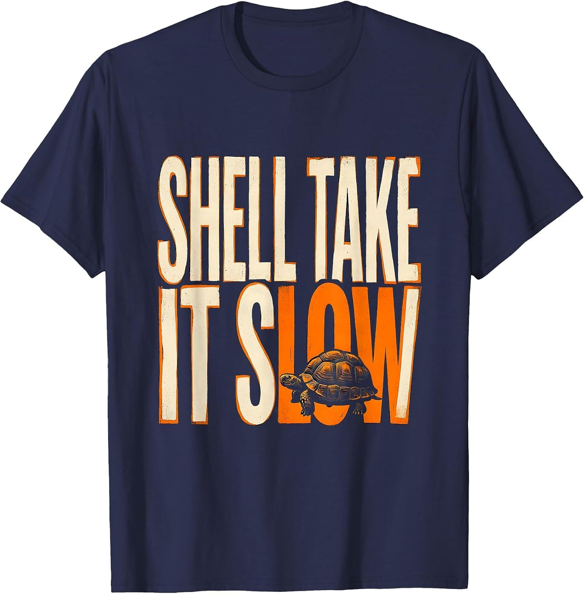 Men's Shell Take It Slow Stencil Graphic Turtle Lover Humor T-Shirt - Navy Blue
