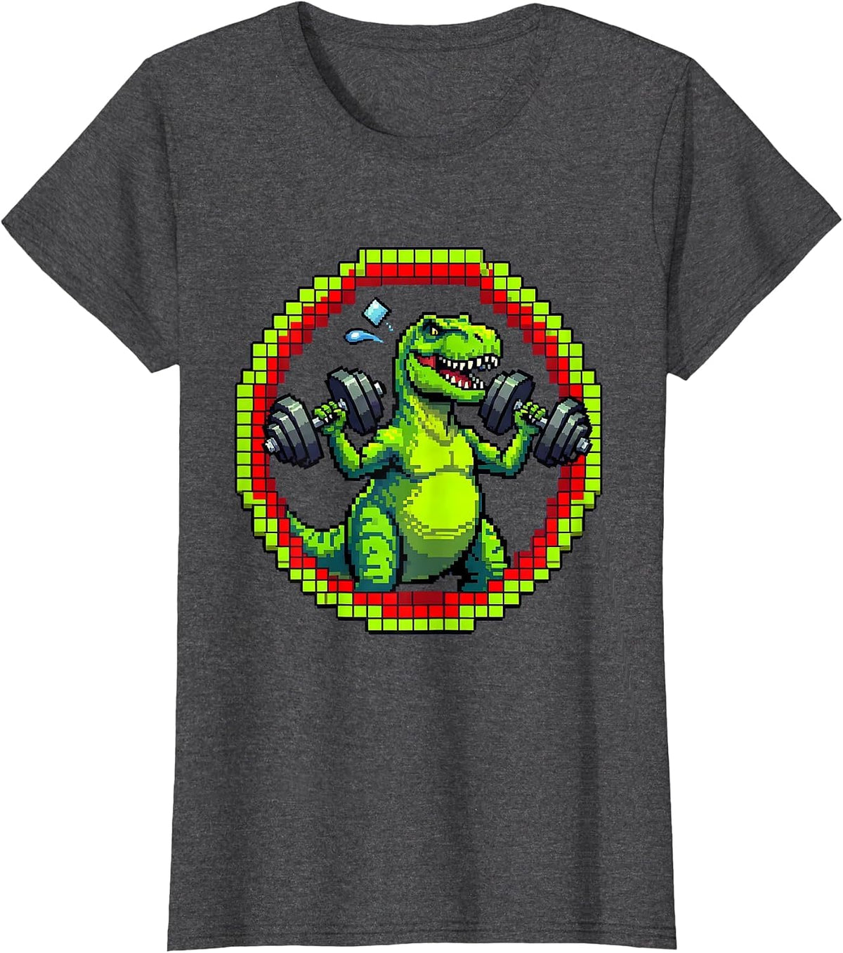 Women's T-Rex Lifting Dumbbells Funny Dinosaur Gym T-Shirt - Dark Heather Grey
