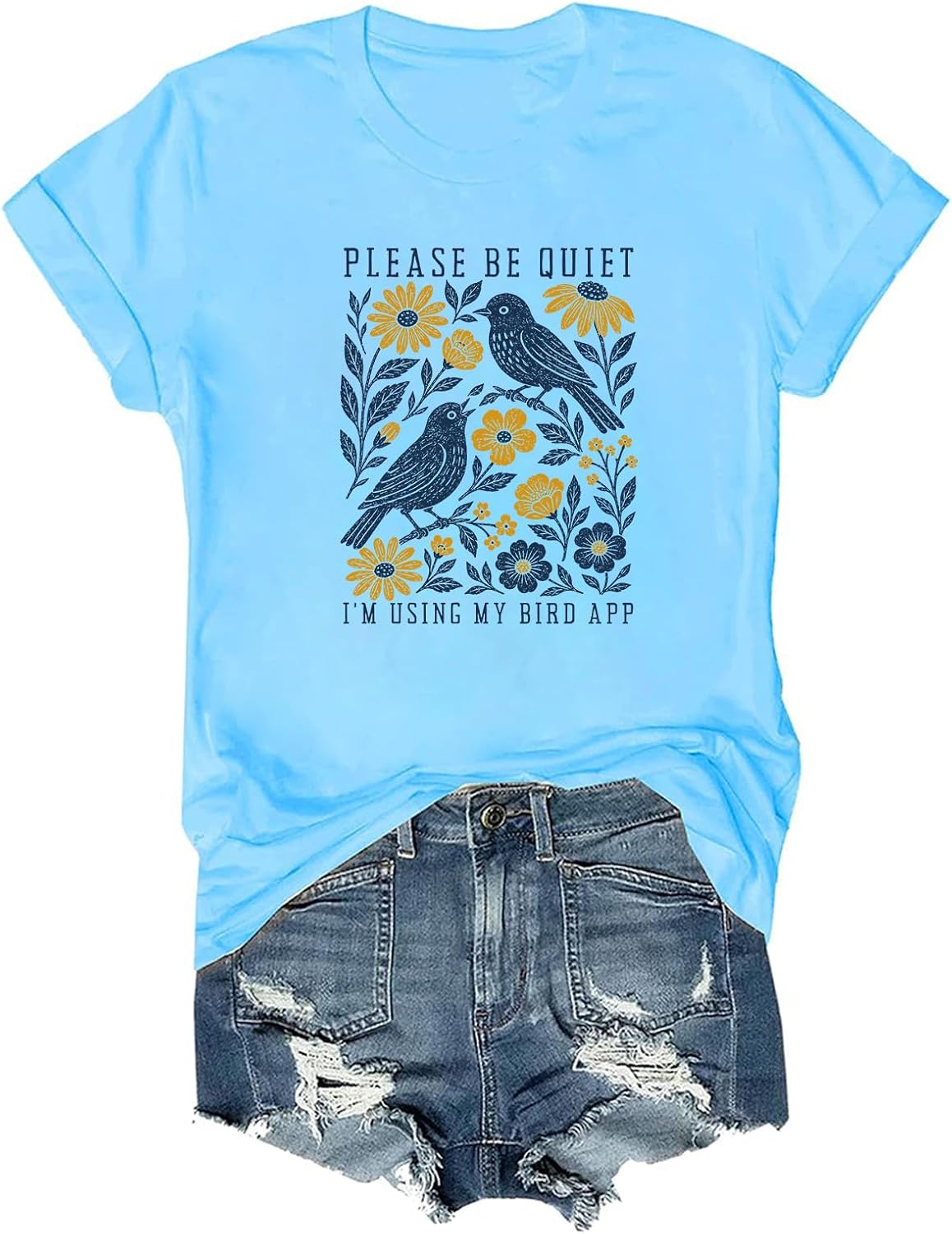 Please Be Quiet I'm Using My Bird App T-Shirt Bird Nerd Shirt Crew V Neck - Sky Blue