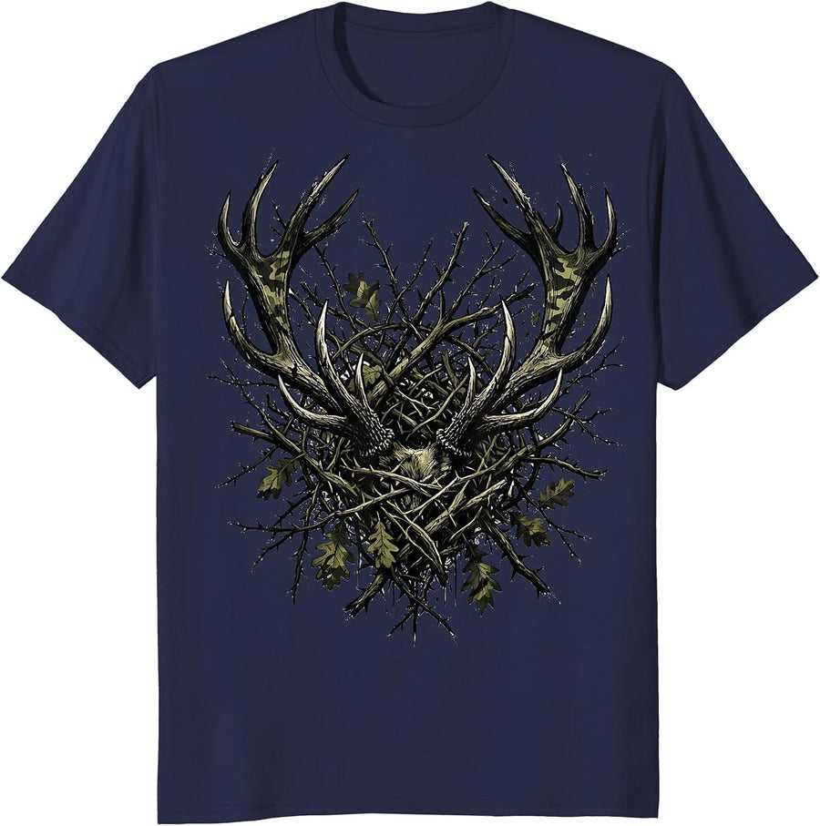 Camo Deer Antlers Hunting Graphic Design T-Shirt - Navy Blue