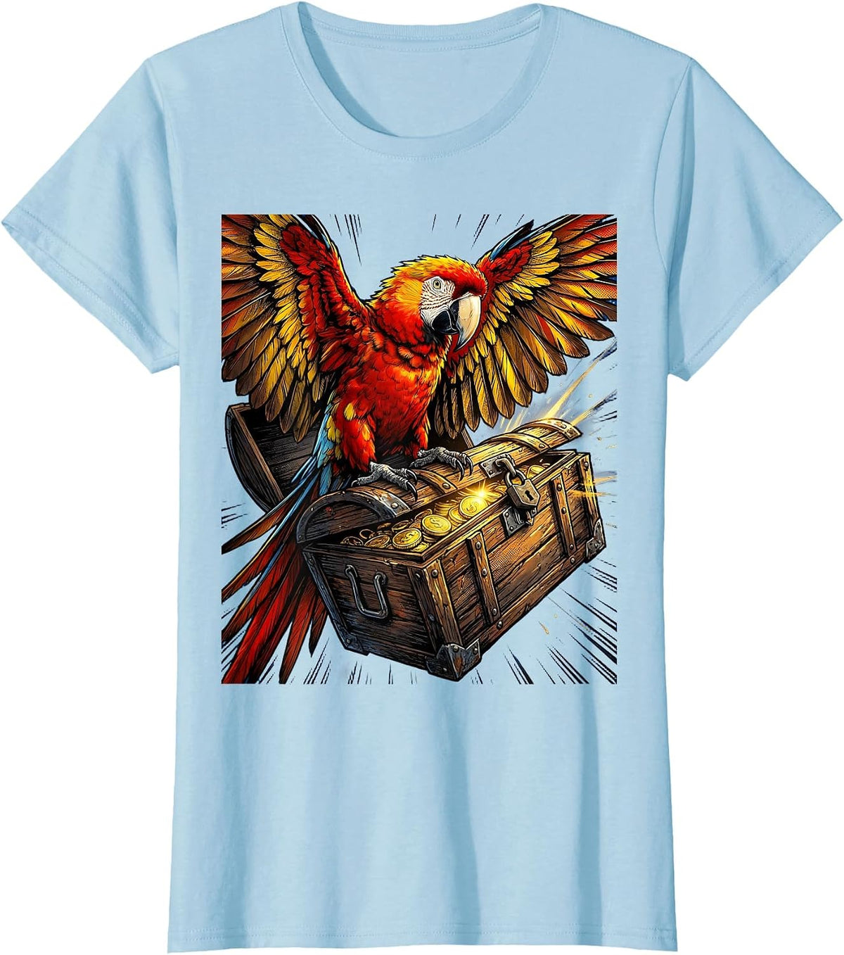 Pirate Parrot on Treasure Chest Illustration T-Shirt - Baby Blue