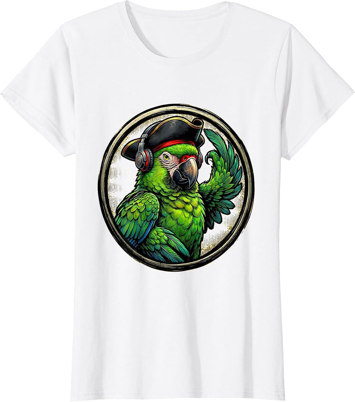 Funny Pirate Parrot With Tiny Earphones Graphic T-Shirt - White