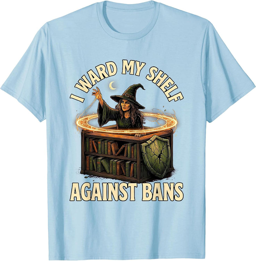Men's I Ward My Shelf Against Bans Witchy Banned Books Halloween T-Shirt - Baby Blue