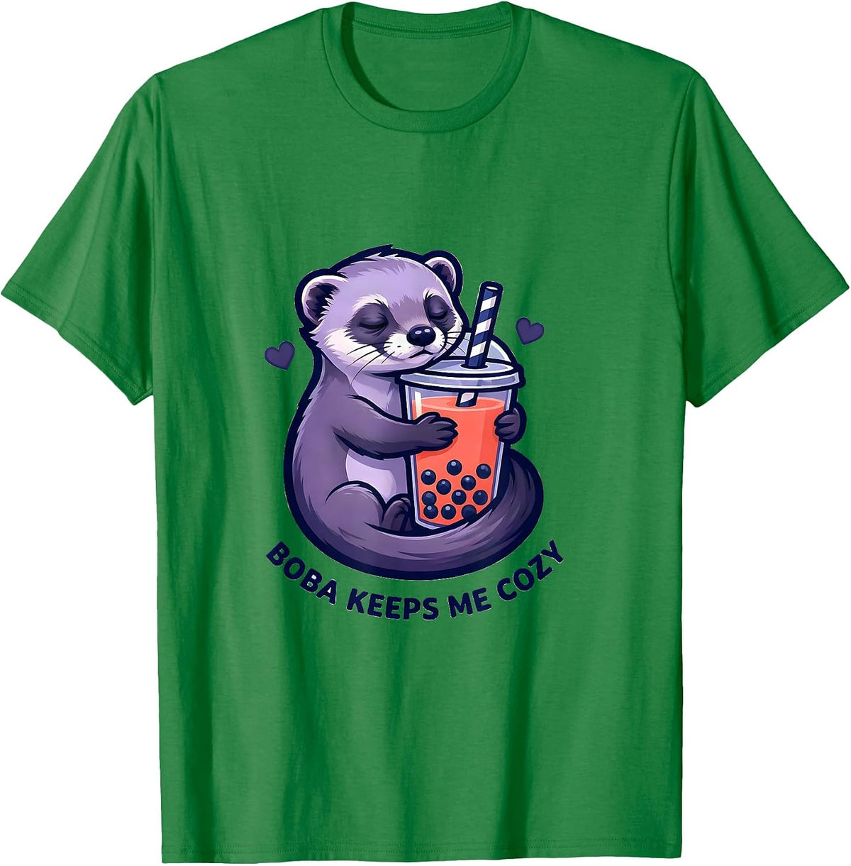 Men's Boba Keeps Me Cozy Kawaii Ferret Boba Tea Lover Gift T-Shirt - Kelly Green