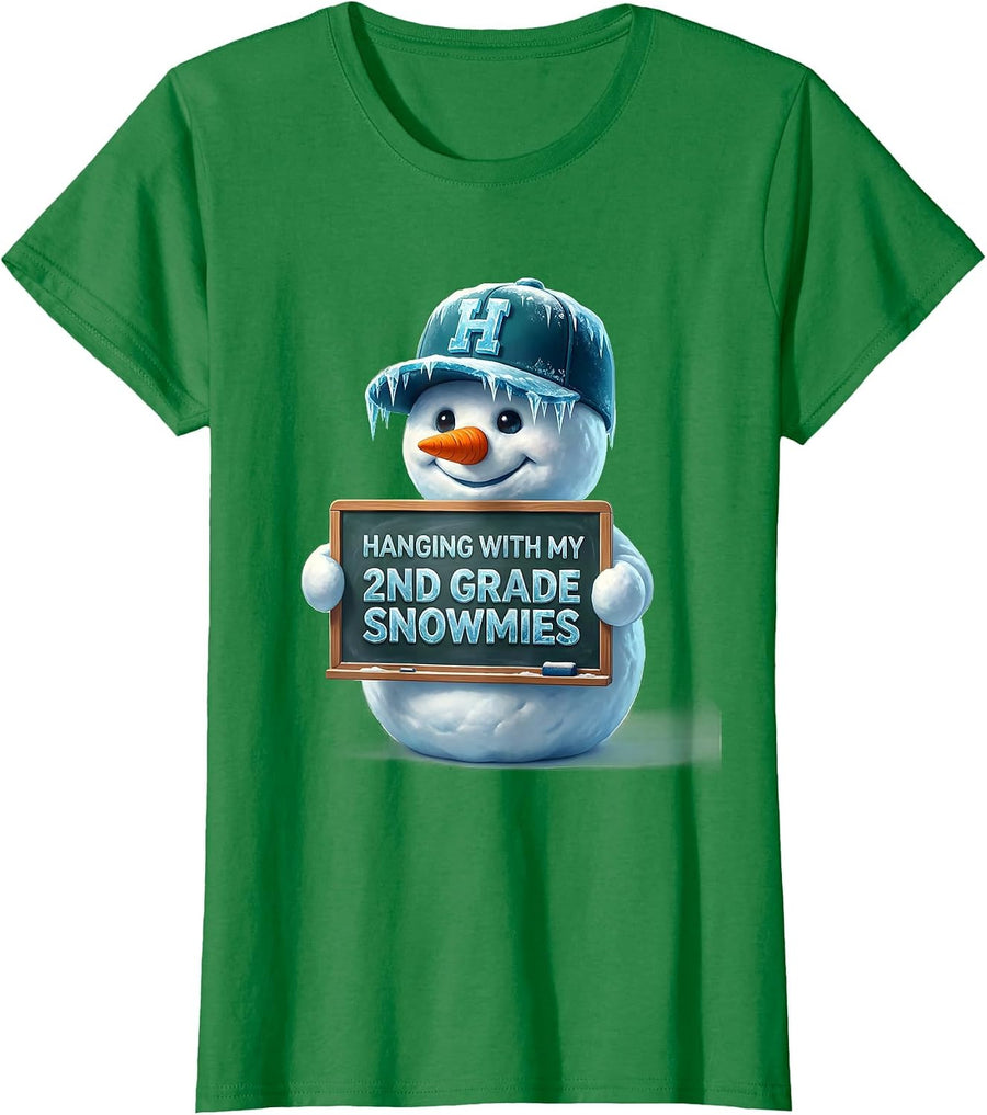 Women's Hanging With My 2nd Grade Snowmies Funny Teacher Christmas T-Shirt - Kelly Green