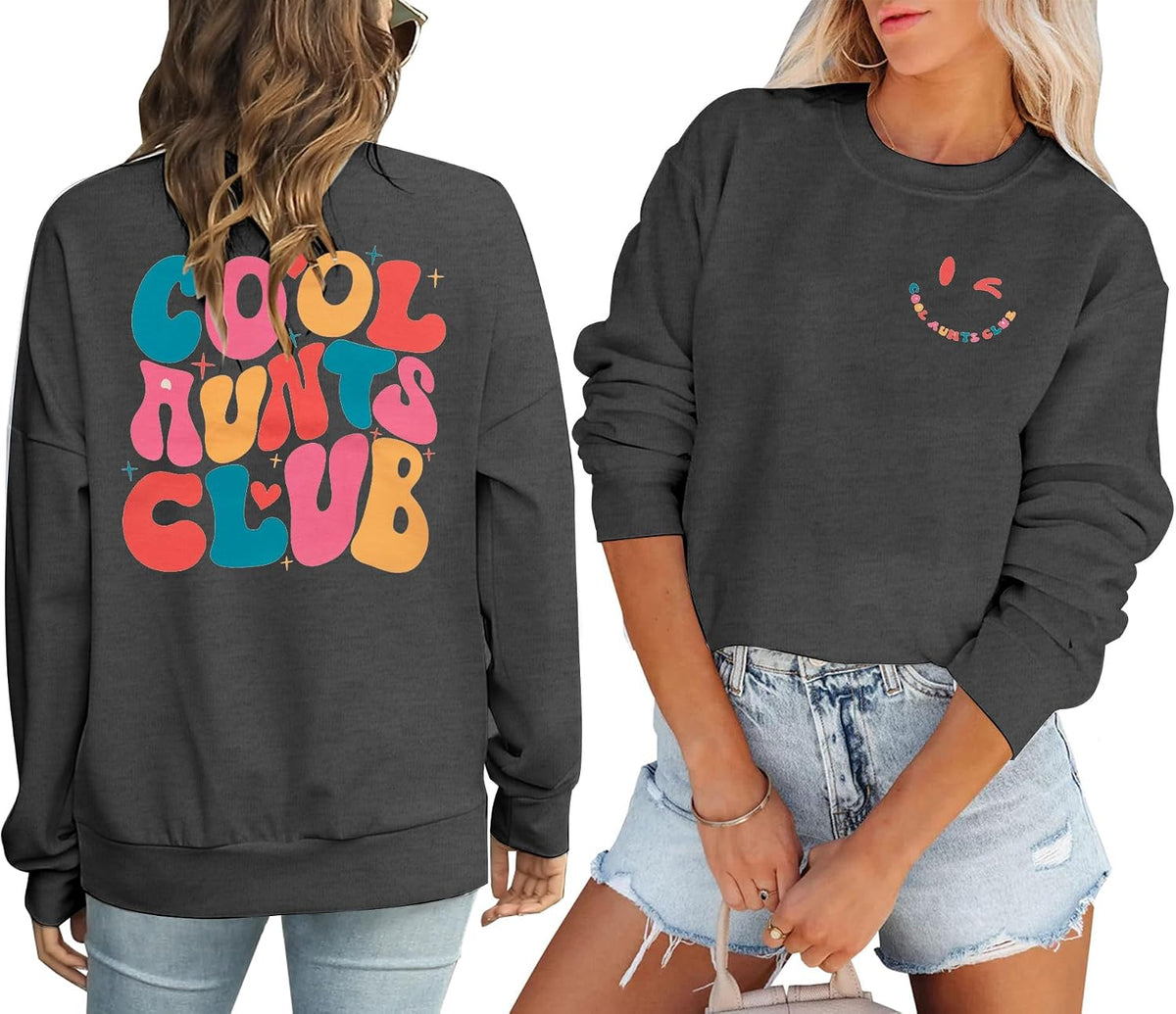 Women Aunt Sweatshirt Cool Aunts Club Crewneck Sweatshirt Auntie Long Sleeve Lightweight Shirt for Aunt Gift - Dark Grey