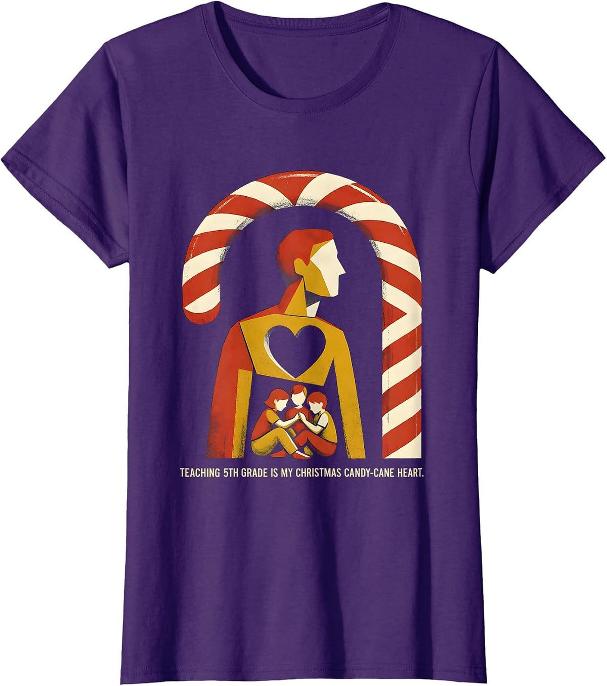 Women's Teaching 5th Grade Is My Christmas Candy-Cane Heart Teacher T-Shirt - Purple