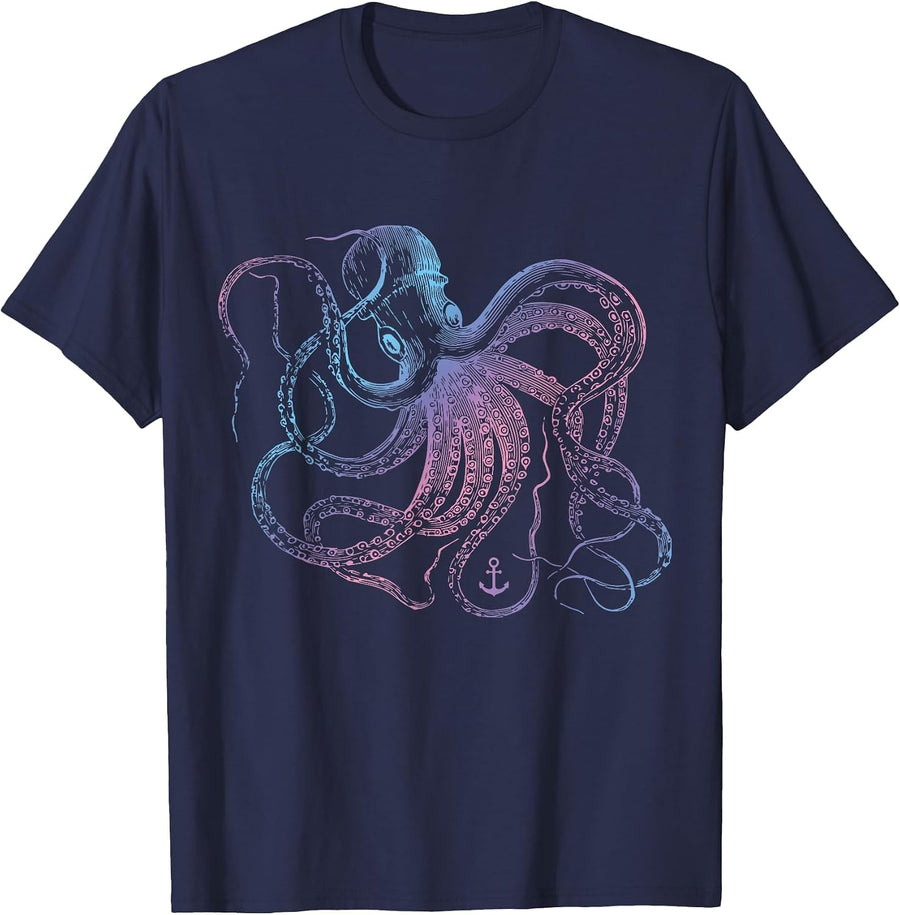 Octopus Cool Vintage Marine Biologist Ocean Sea T-Shirt - Navy Blue
