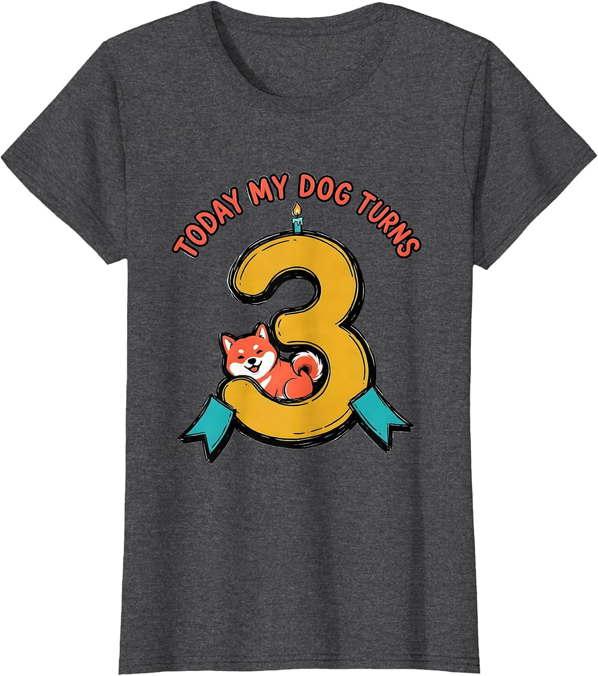 Women's Today My Dog Turns 3 Funny Dog Birthday Party Outfit T-Shirt - Dark Heather Grey