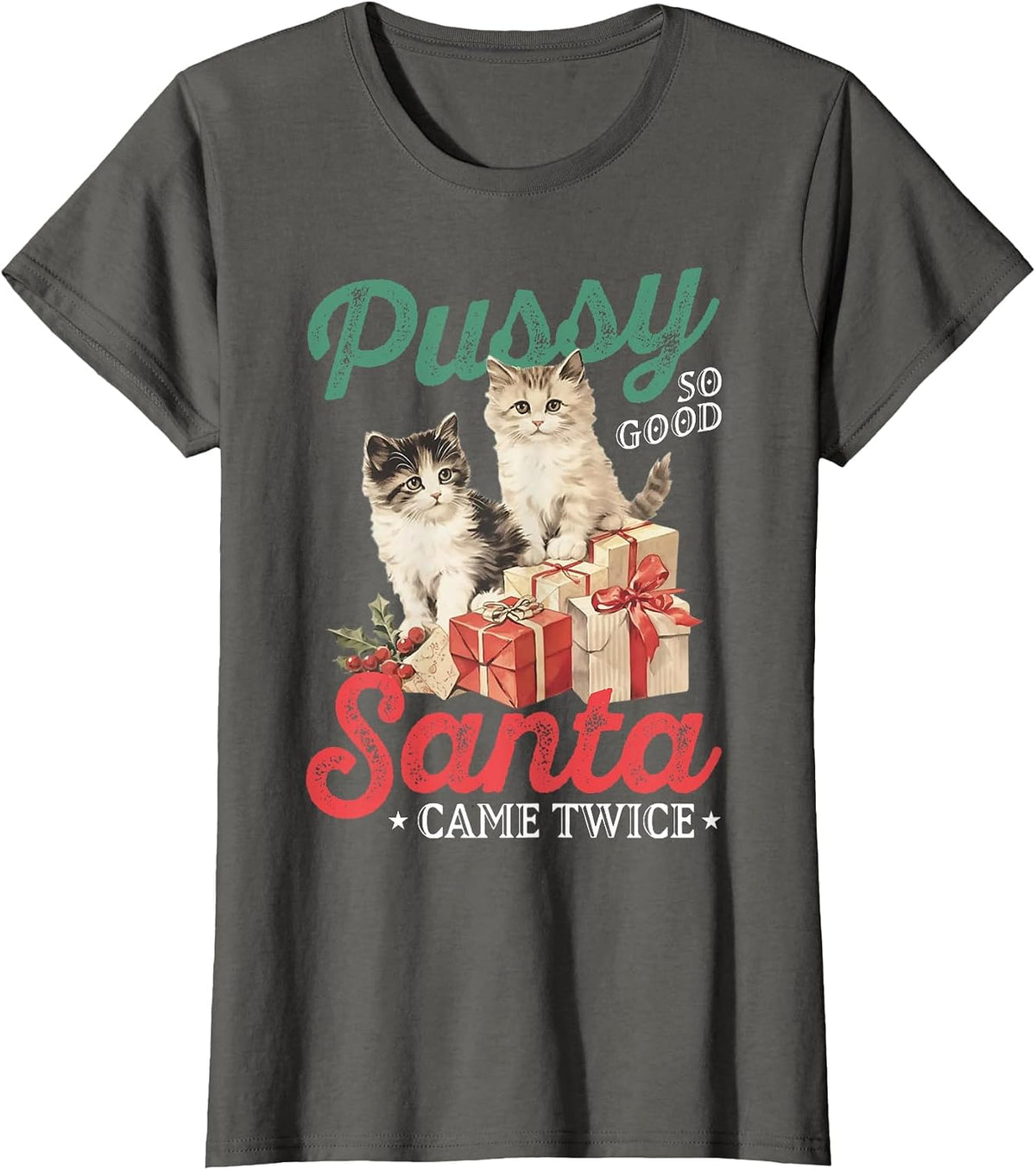 Cat Pussy So Good Santa Came Twice T-Shirt - Asphalt Grey