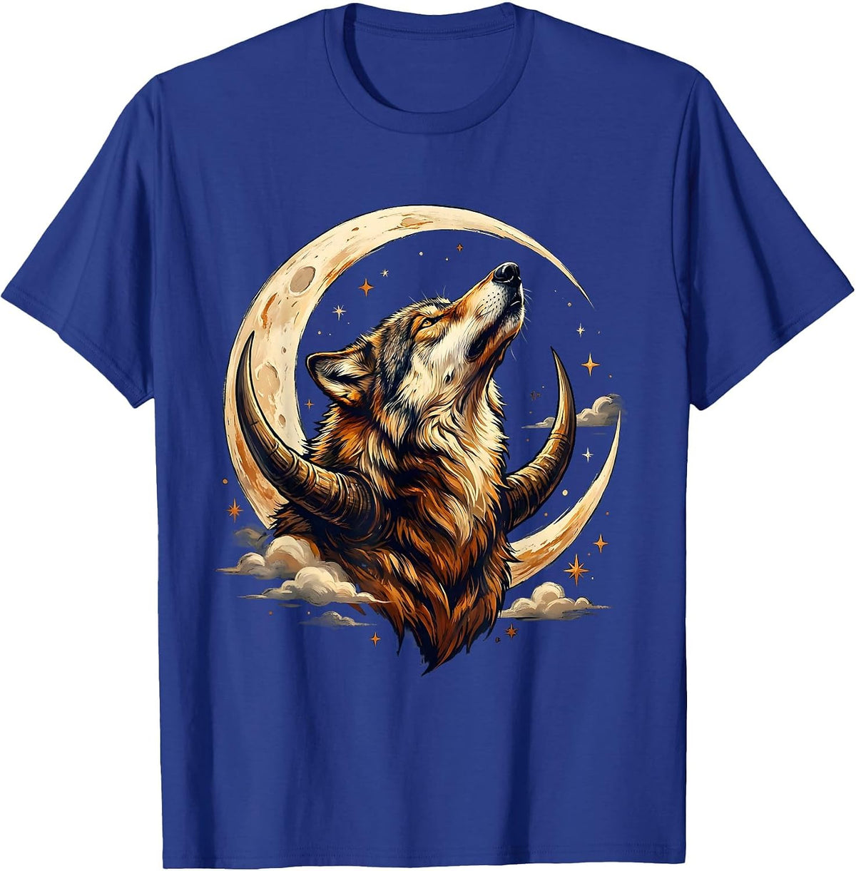Men's Wolf Head Crescent Moon Graphic Design T-Shirt - Royal Blue