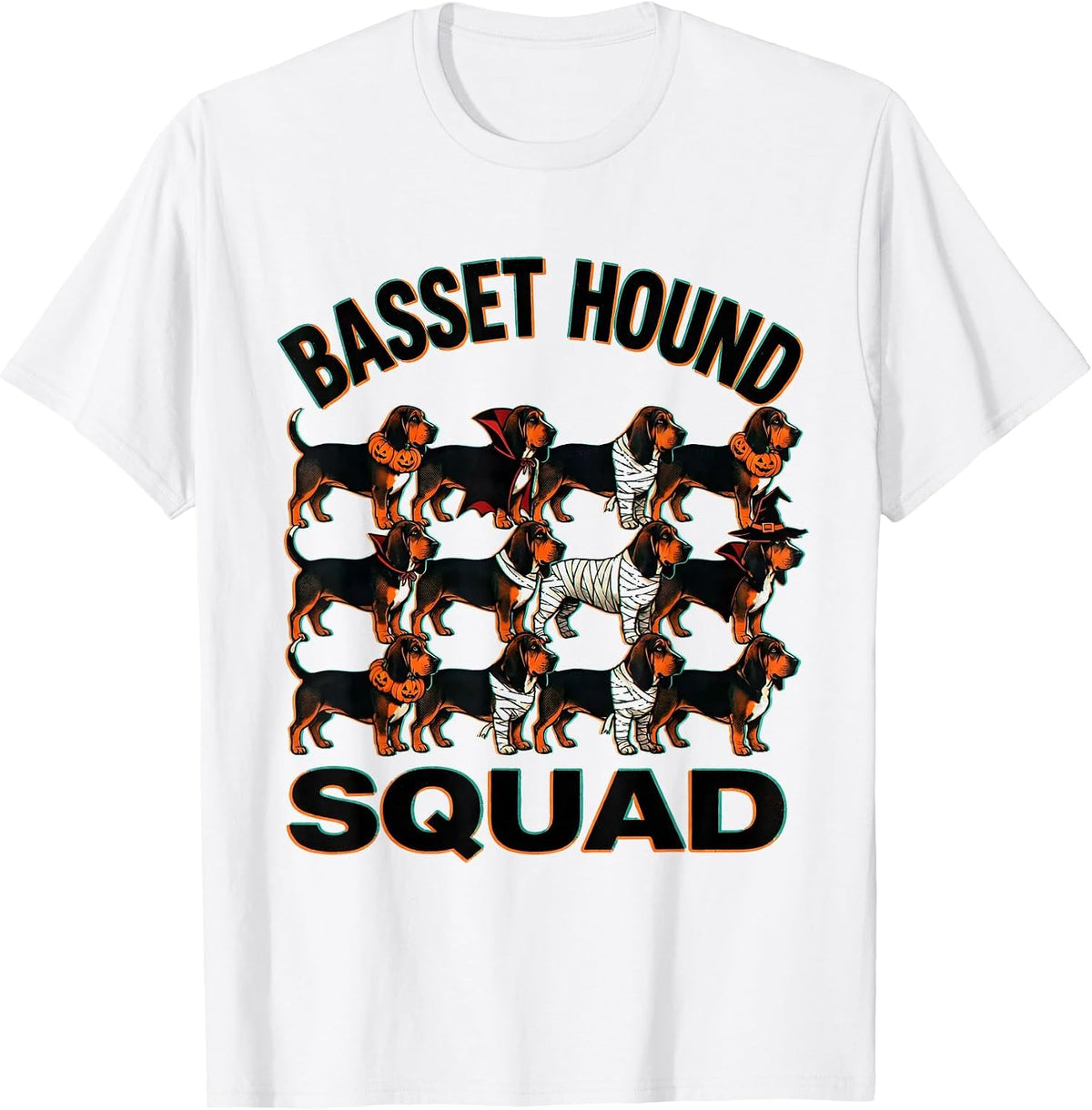 Men's Basset Hound Squad Halloween Pumpkin Vampire Mummy Witch Dog T-Shirt - White