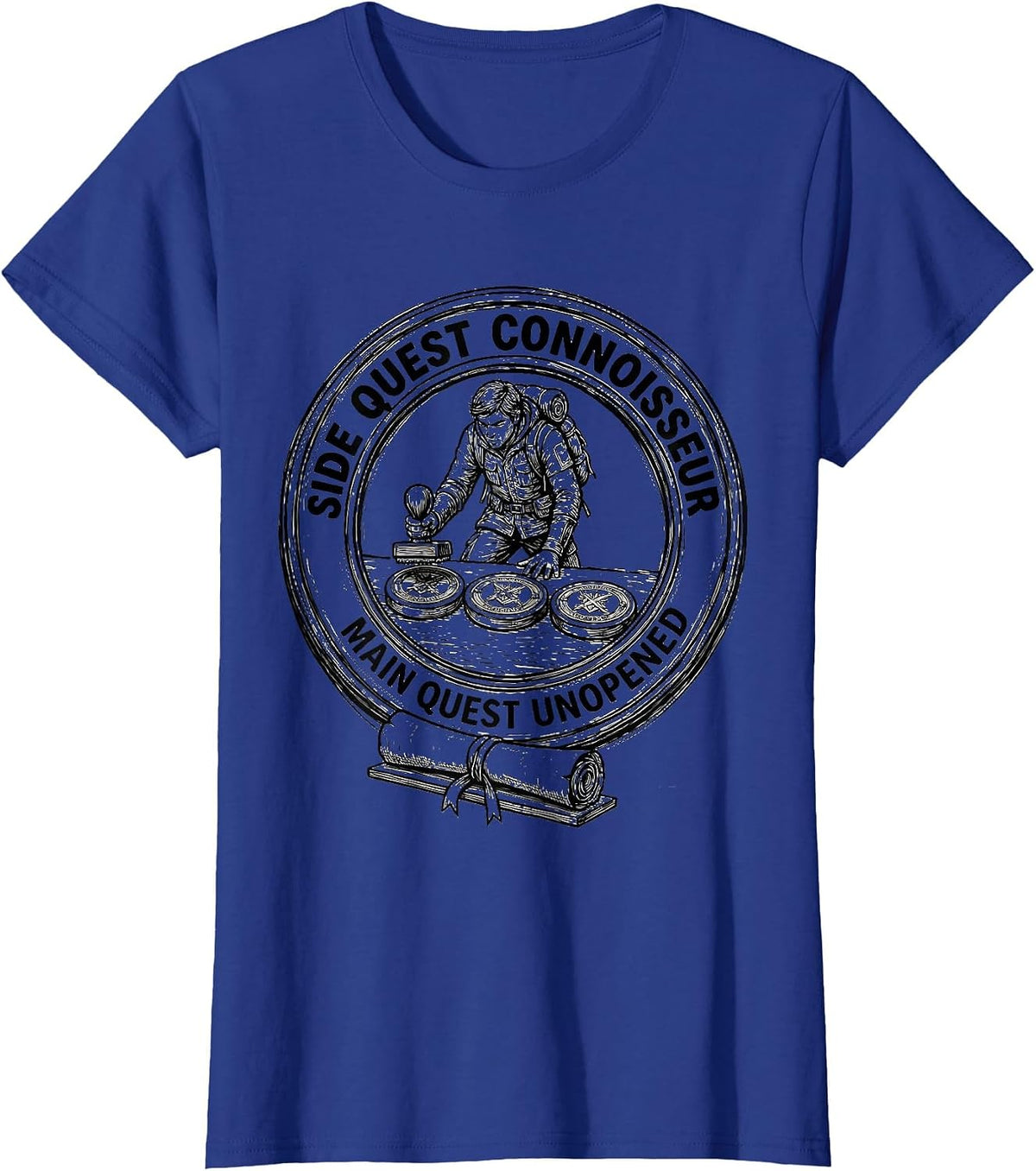 Women's Side Quest Connoisseur, Main Quest Unopened RPG Gamer T-Shirt - Royal Blue
