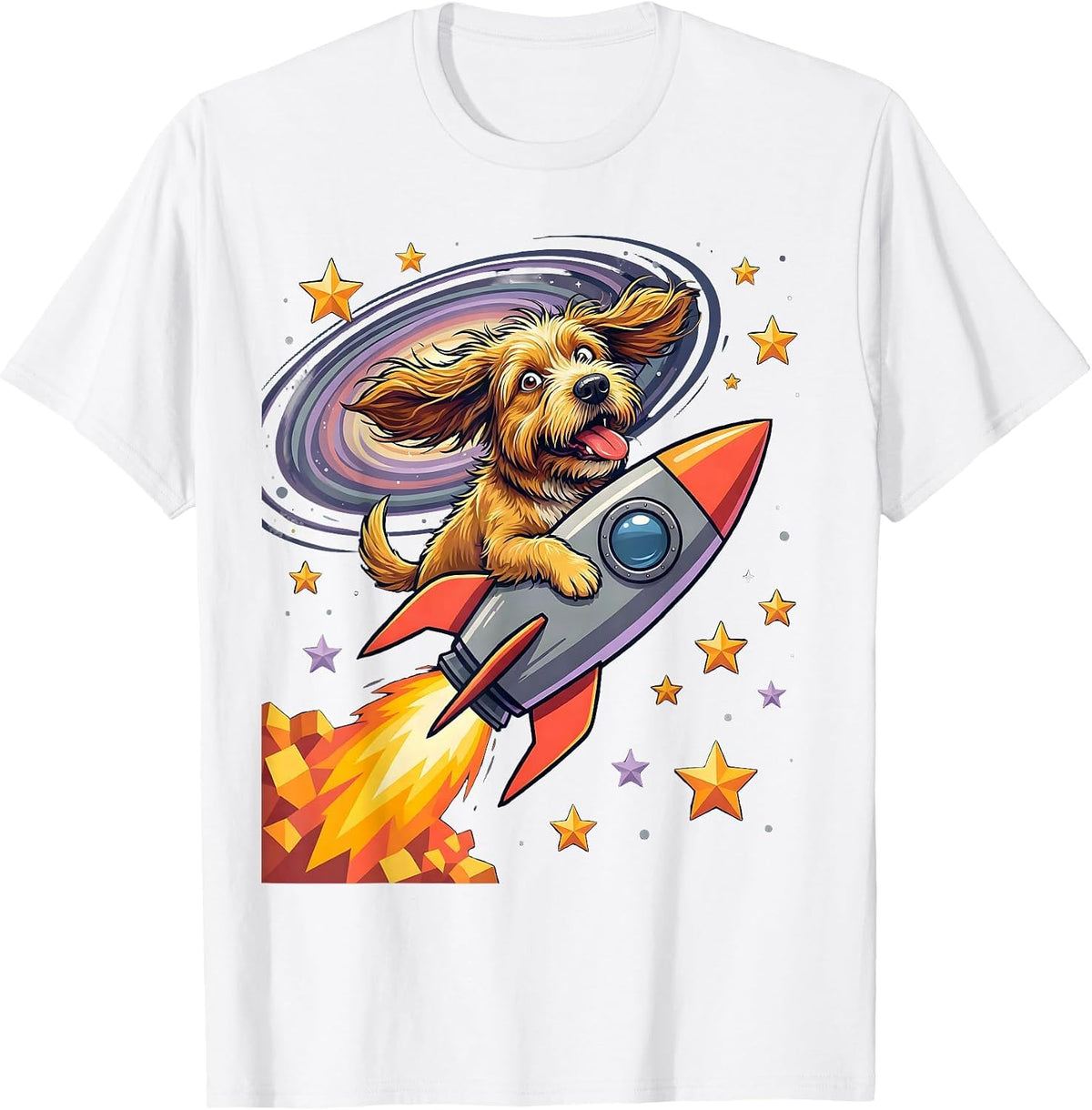 Men's Crazy Dog Riding Rocket Through Outer Space T-Shirt - White