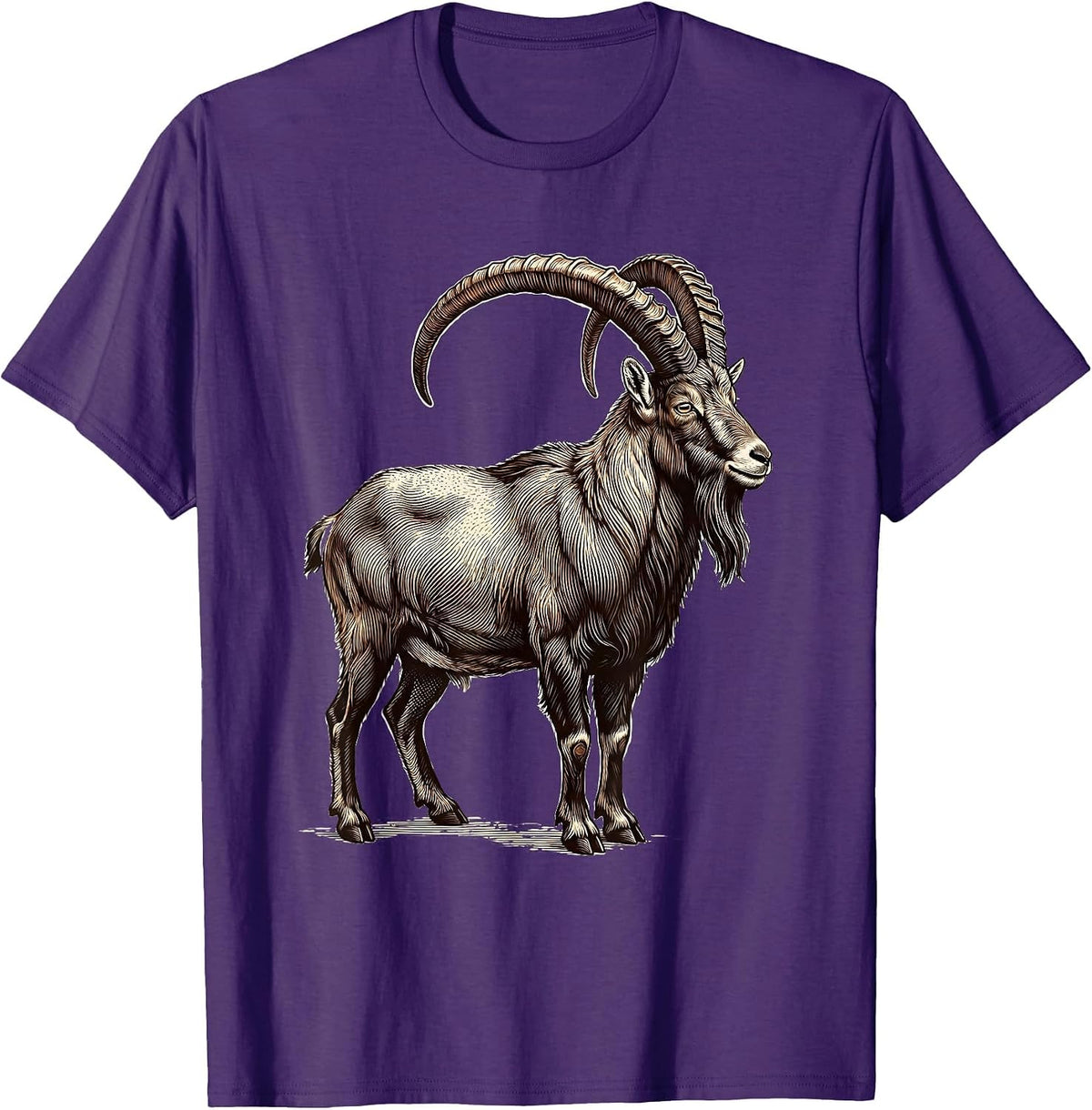 Men's Mountain Goat Crosshatch Etching Minimalist Line Art T-Shirt - Purple