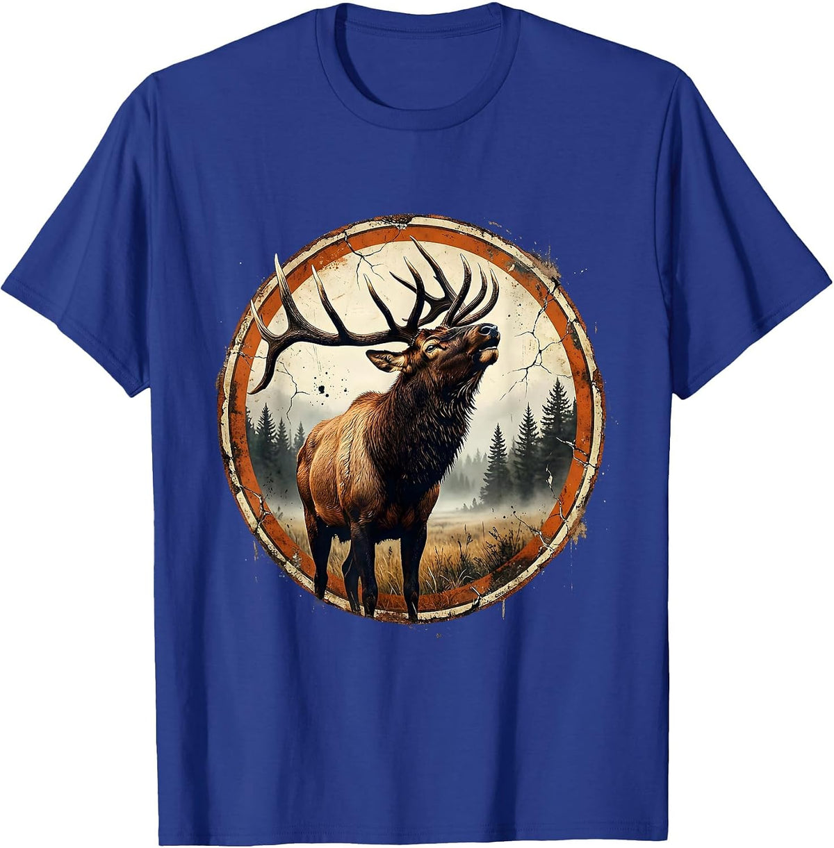 Bull Elk Bugling in Misty Meadow Illustration T-Shirt - Royal Blue