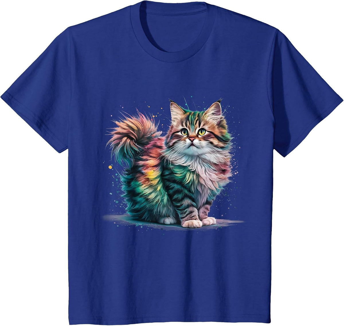 Cat Men Women Colourful Watercolour Cat T-Shirt - Royal Blue
