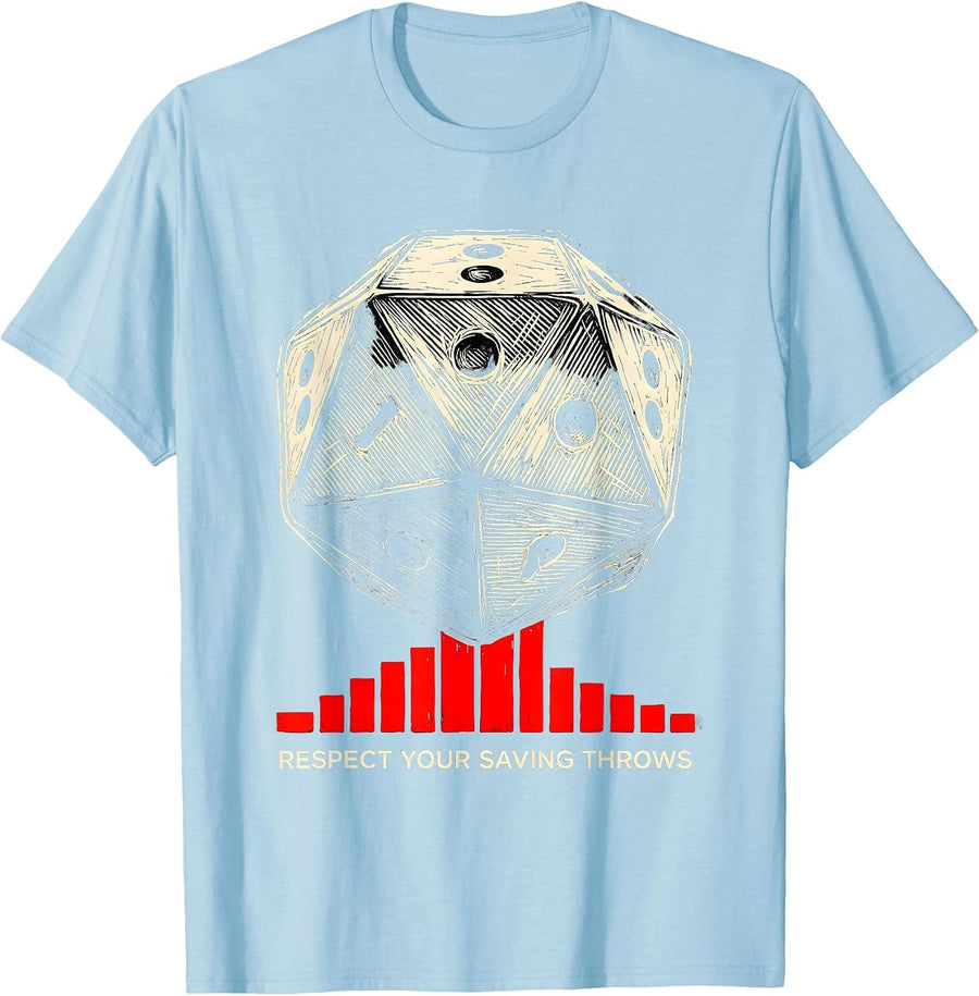 Men's Respect Your Saving Throws Linocut Retro Gamer RPG Parody T-Shirt - Baby Blue