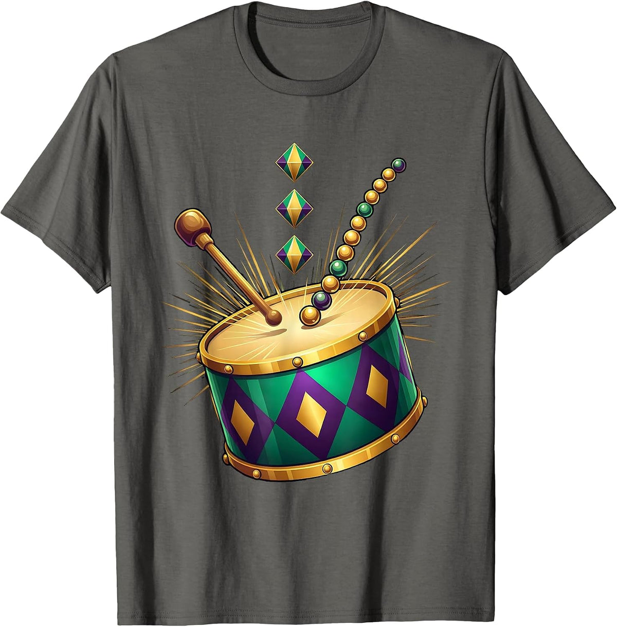 Men's Parade Drum Harlequin Beads Mardi Gras Carnival Party T-Shirt - Asphalt Grey