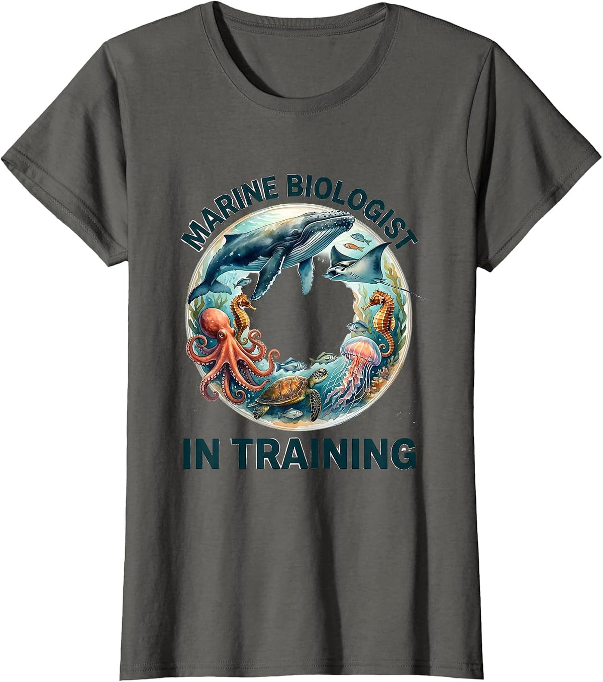 Women's Marine Biologist In Training Watercolor Ocean Animals Whale T-Shirt - Asphalt Grey