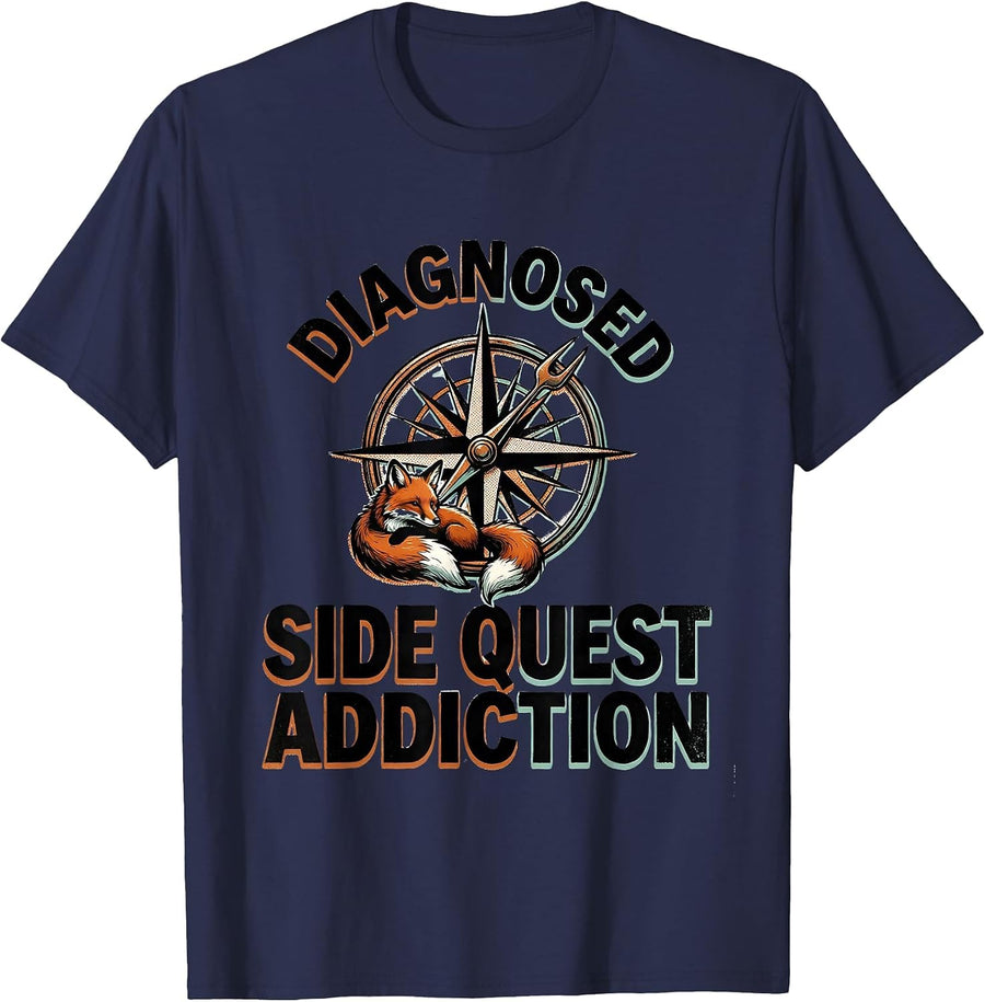 Diagnosed: Side Quest Addiction Funny RPG Gamer Humor T-Shirt - Navy Blue
