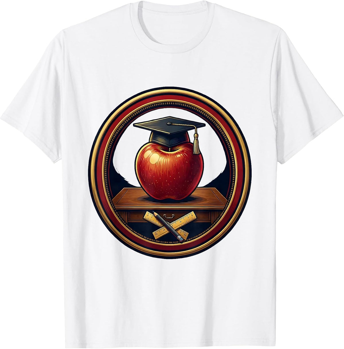 Men's Preschool Teacher Apple Graduation Cap Desk Art T-Shirt - White