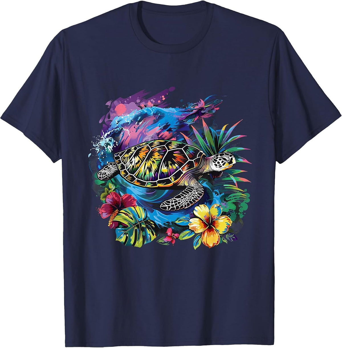 Sea Turtle Floral Artwork Marine Mammal Sea Ocean Animal T-Shirt - Navy Blue