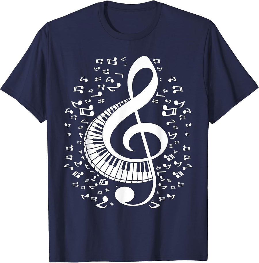 Treble Clef Keyboard Classical Music Notes Pianist Piano T-Shirt - Navy Blue