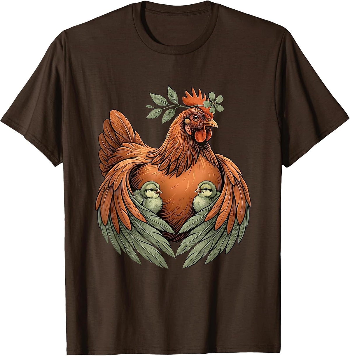 Mother Hen and Chicks Protective Love Illustration T-Shirt - Brown